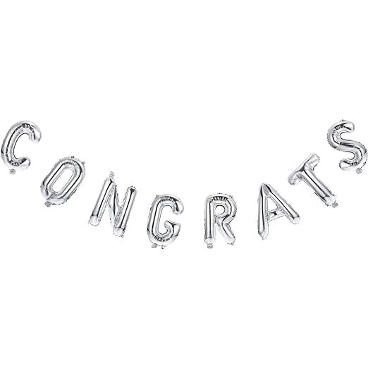 Set Baloane din Folie Metalizată, Flippy, Model Congrats, Litere de 40 cm, Baloane Absolvire, Ambalaj Individual, Pai inclus, Umflare cu Aer sau Heliu, Argintiu