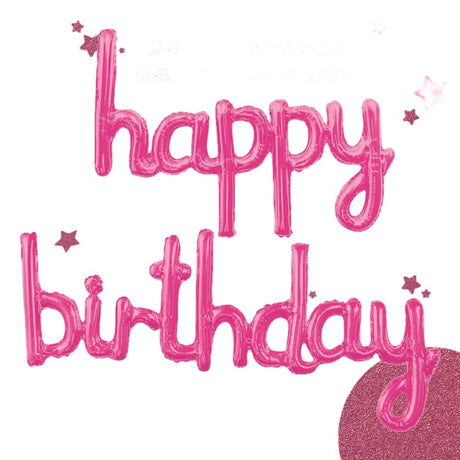 Set Baloane din Folie Metalizata, Flippy, Model Happy Birthday, 45x85 cm, 45x124cm, Baloane Party, Ambalaj Individual, Pai Inclus, Umflare cu Aer sau Heliu, Roz