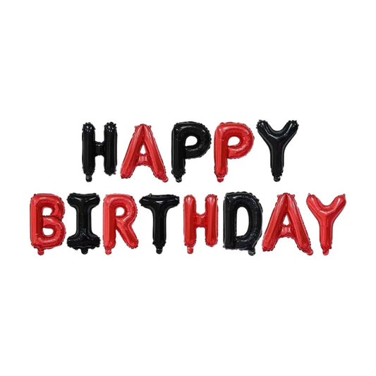 Set Baloane din Folie Metalizata, Vivimall, Model Happy Birthday, Litere de 40 cm, Baloane Party, Ambalaj Individual, Pai, Ata si Adeziv Incluse, Umflare cu Aer sau Heliu, Rosu-Negru - vivimall.ro
