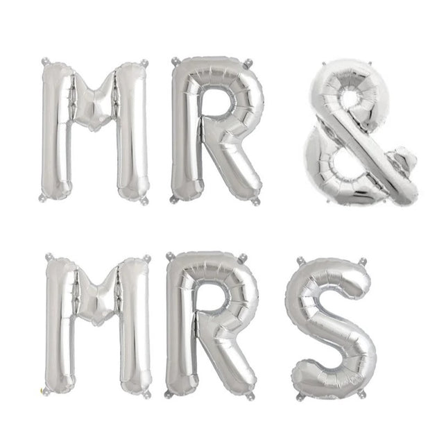 Set Baloane din Folie Metalizata, Vivimall, Figurine Litere, Model MR&MRS, Tema Nunta, 40 cm, Baloane Party, Ambalaj Individual, Pai inclus, Umflare cu Aer sau Heliu, Argintiu - vivimall.ro