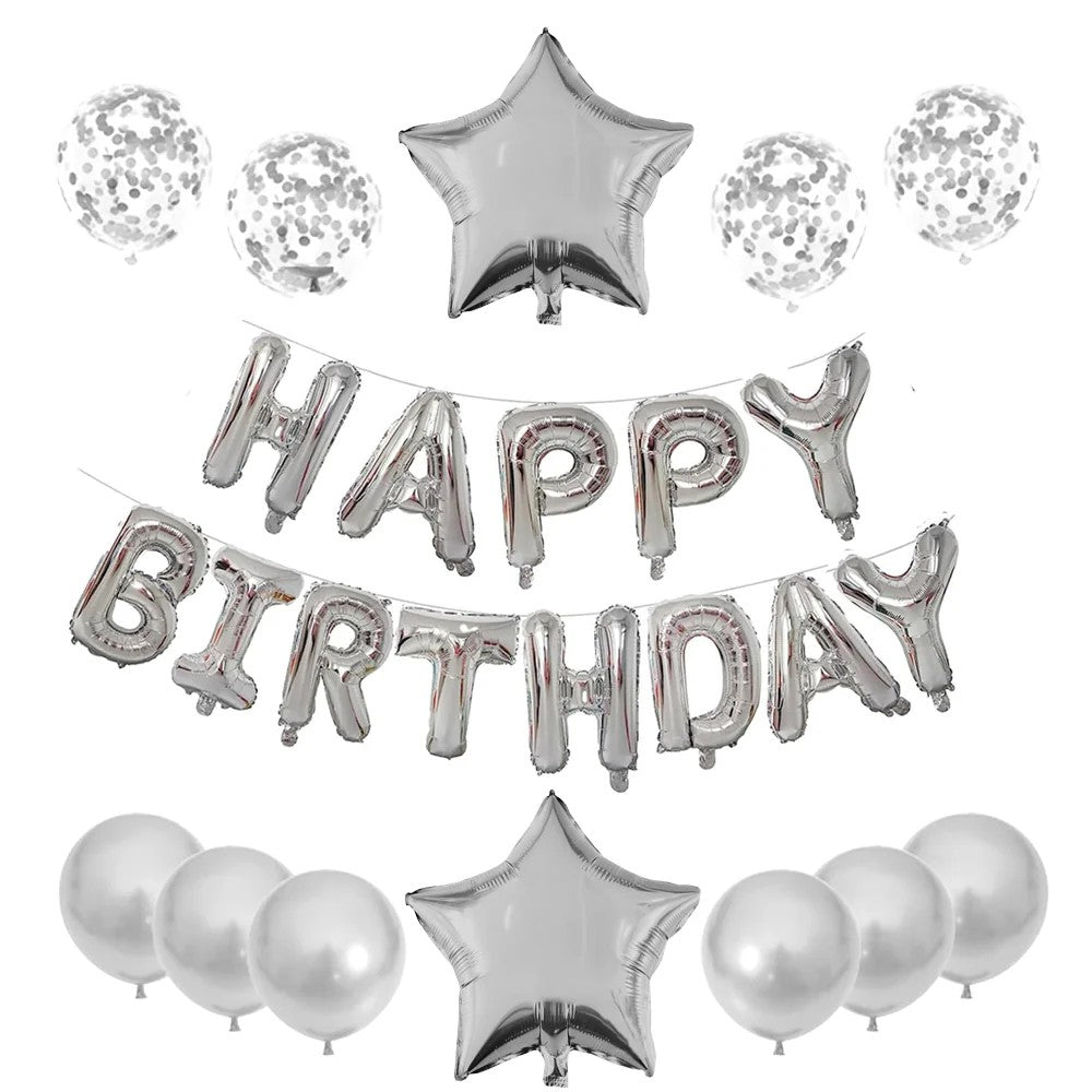 Set 25 De Baloane Din Folie Metalizata Si Latex, Figurine 2 Stele, 4 Baloane Confetti, 13 Litere, 6 Latex, Model Happy Birthday, Tema Aniversare, 40 Cm, Ambalaj Individual, Pai Inclus, Umflare Cu Aer Sau Heliu