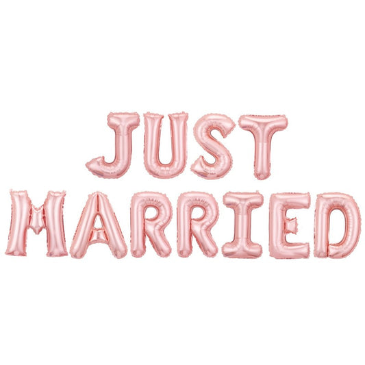 Set Baloane din Folie Metalizata, Vivimall, Model Just Married, Litere de 40 cm, Baloane Party, Ambalaj Individual, Pai, Ata si Adeziv Incluse, Umflare cu Aer sau Heliu, Roz