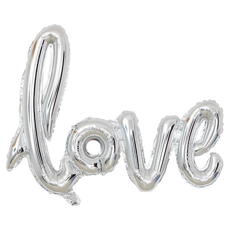 Set Baloane din Folie Metalizata, Model Love Scris de Mana, 102x65 cm, Baloane Ziua Indragostitilor, Ambalaj Individual, Pai inclus, Umflare cu Aer sau Heliu, Argintiu