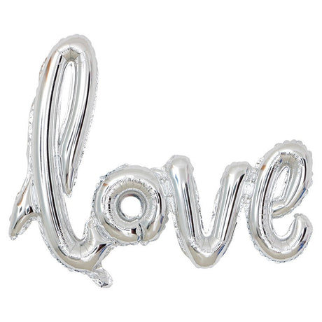 Set Baloane din Folie Metalizata, Model Love Scris de Mana, 102x65 cm, Baloane Ziua Indragostitilor, Ambalaj Individual, Pai inclus, Umflare cu Aer sau Heliu, Argintiu