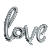 Set Baloane din Folie Metalizata, Model Love Scris de Mana, 102x65 cm, Baloane Ziua Indragostitilor, Ambalaj Individual, Pai inclus, Umflare cu Aer sau Heliu, Argintiu