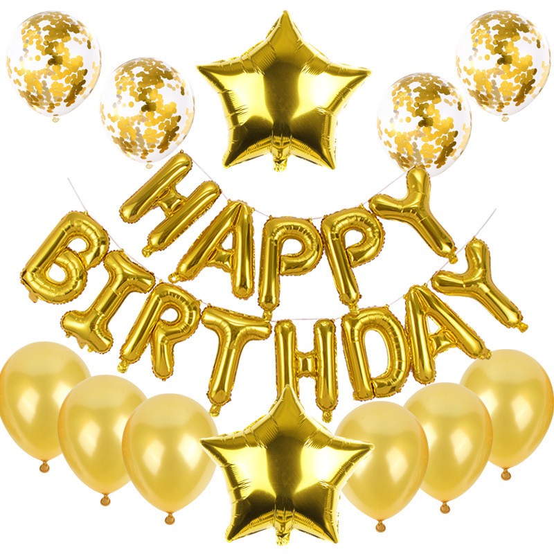 Set baloane din folie metalizata si baloane din latex, baloane HAPPY BIRTHDAY, 4 baloane latex Confetti, 6 baloane latex Roz, 2 baloane folie Steluta, 40cm, Gold