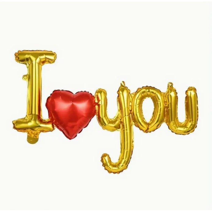 Set Baloane Folie Metalizata, Flippy, Model I LOVE YOU cu Inimioara, 54x97 cm, Tematica Ziua Îndrăgostiților, Ambalaj Individual, Pai Inclus, Umflare cu Aer sau Heliu, Auriu