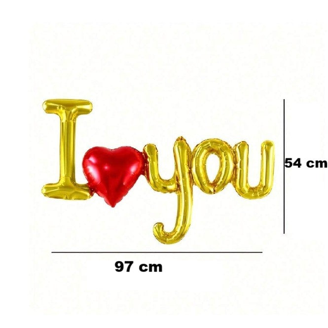 Set Baloane Folie Metalizata, Flippy, Model I LOVE YOU cu Inimioara, 54x97 cm, Tematica Ziua Îndrăgostiților, Ambalaj Individual, Pai Inclus, Umflare cu Aer sau Heliu, Auriu