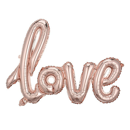 Balon din Folie Metalizata, Vivimall, Model Love scris de mana, 102x65 cm, Tematica Ziua Îndrăgostiților, Ambalaj Individual, Pai Inclus, Umflare cu Aer sau Heliu, Rose Gold - vivimall.ro