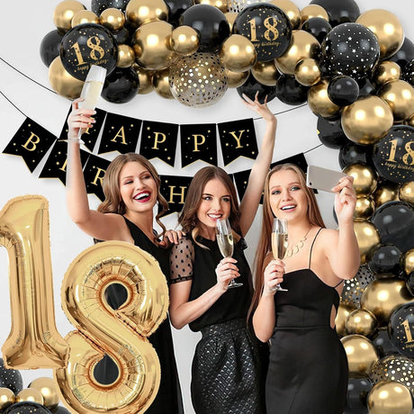 Set Baloane Folie si Latex, Vivimall, Tematica Aniversare Majorat, Baloane Latex, Figurine Cifrele 1 si 8, Ambalaj Individual, Pai Inclus, Umflare cu Aer sau Heliu, Auriu Negru - vivimall.ro