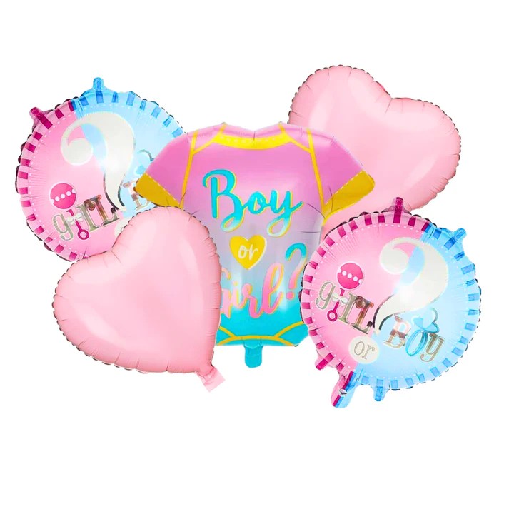 Baloane pentru GENDER REVEAL, Vivimall, Model Petrecere, Set din 5 bucati, din folie de aluminiu, 55 x 61.5 cm Roz Albastru