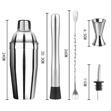 Set Barman Preparare Cocktail,Flippy, 6 Piese, Inox, Argintiu, Kit Accesorii Bar si Mixologie: Shaker750ml, Masura dubla, Pistil, Lingura barman, 2 Picuratoare - vivimall.ro