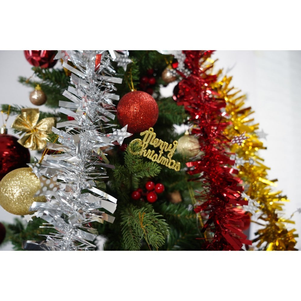 Set brad artificial de Craciun si elemente decorative, decorat cu conuri pin rosii, inaltime 210 cm, diametru 137 cm, 1172 ramuri, Flippy, verde, suport metalic inclus - vivimall.ro