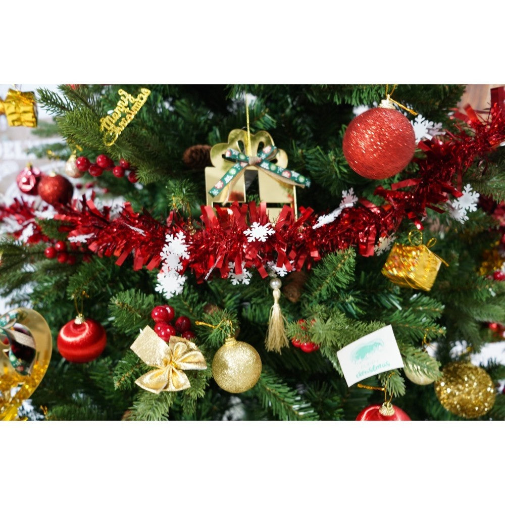 Set brad artificial de Craciun si elemente decorative, decorat cu conuri pin rosii, inaltime 210 cm, diametru 137 cm, 1172 ramuri, Flippy, verde, suport metalic inclus - vivimall.ro