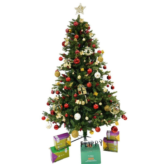 Set brad artificial de Craciun si elemente decorative, decorat cu conuri pin rosii, inaltime 210 cm, diametru 137 cm, 1172 ramuri, Vivimall, verde, suport metalic inclus - vivimall.ro