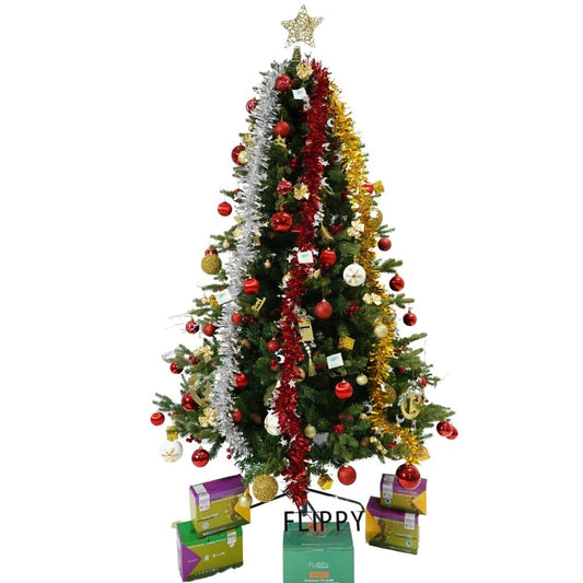 Set brad artificial de Craciun si elemente decorative, decorat cu conuri pin rosii, inaltime 210 cm, diametru 137 cm, 1172 ramuri, Vivimall, verde, suport metalic inclus - vivimall.ro