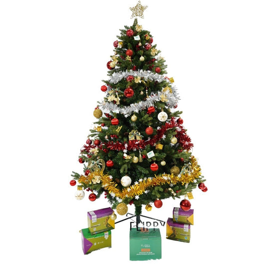 Set brad artificial de Craciun si elemente decorative, decorat cu conuri pin rosii, inaltime 210 cm, diametru 137 cm, 1172 ramuri, Vivimall, verde, suport metalic inclus - vivimall.ro