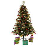 Set brad artificial de Craciun si elemente decorative, decorat cu conuri pin rosii, inaltime 210 cm, diametru 137 cm, 1172 ramuri, Flippy, verde, suport metalic inclus - vivimall.ro