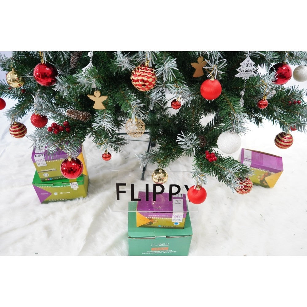 Set brad artificial de Craciun si elemente decorative, nins, decorat cu conuri pin, pentru interior/exterior, inaltime 210 cm, diametru 147 cm, 1150 ramuri, Flippy, verde, suport metalic inclus - vivimall.ro