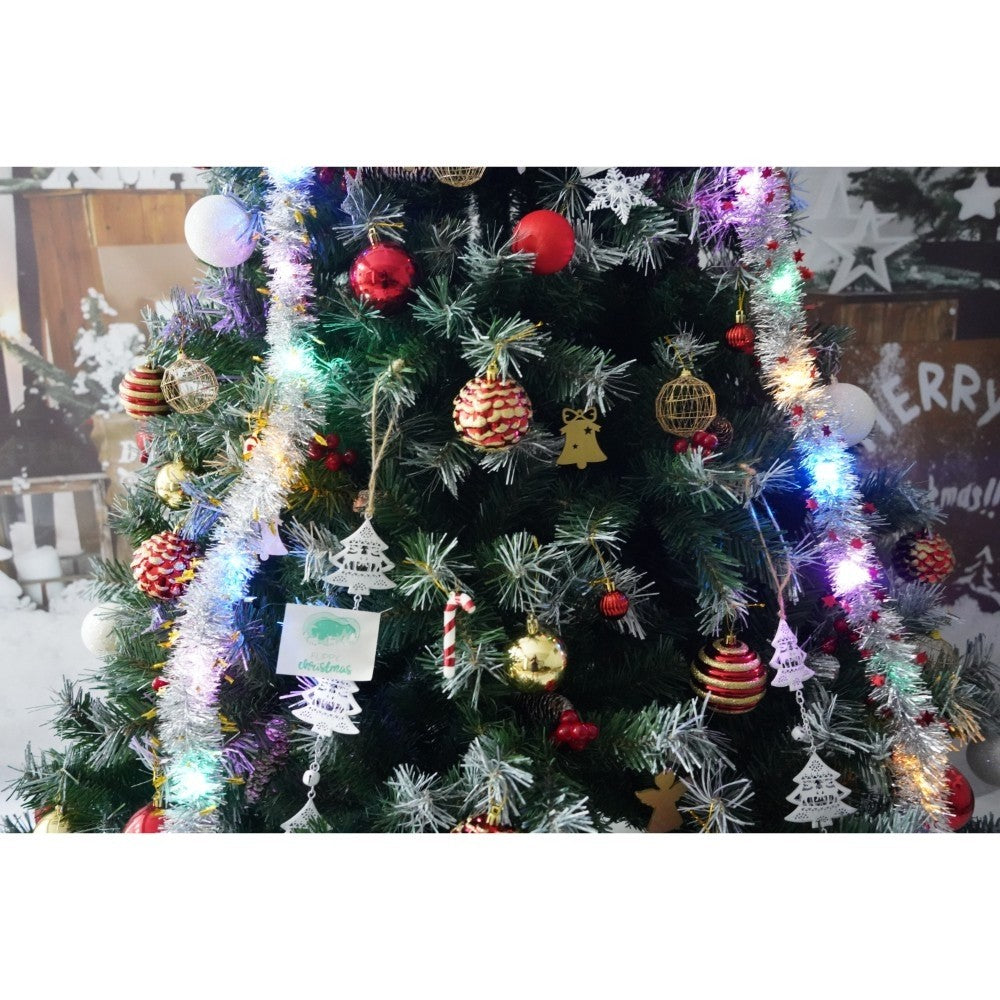 Set brad artificial de Craciun si elemente decorative, nins, decorat cu conuri pin, pentru interior/exterior, inaltime 210 cm, diametru 147 cm, 1150 ramuri, Flippy, verde, suport metalic inclus - vivimall.ro