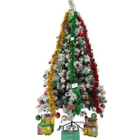 Set brad artificial de Craciun si elemente decorative, nins, decorat cu conuri pin, pentru interior/exterior, inaltime 210 cm, diametru 131 cm, 630 ramuri, Flippy, alb/verde, suport metalic inclus - vivimall.ro