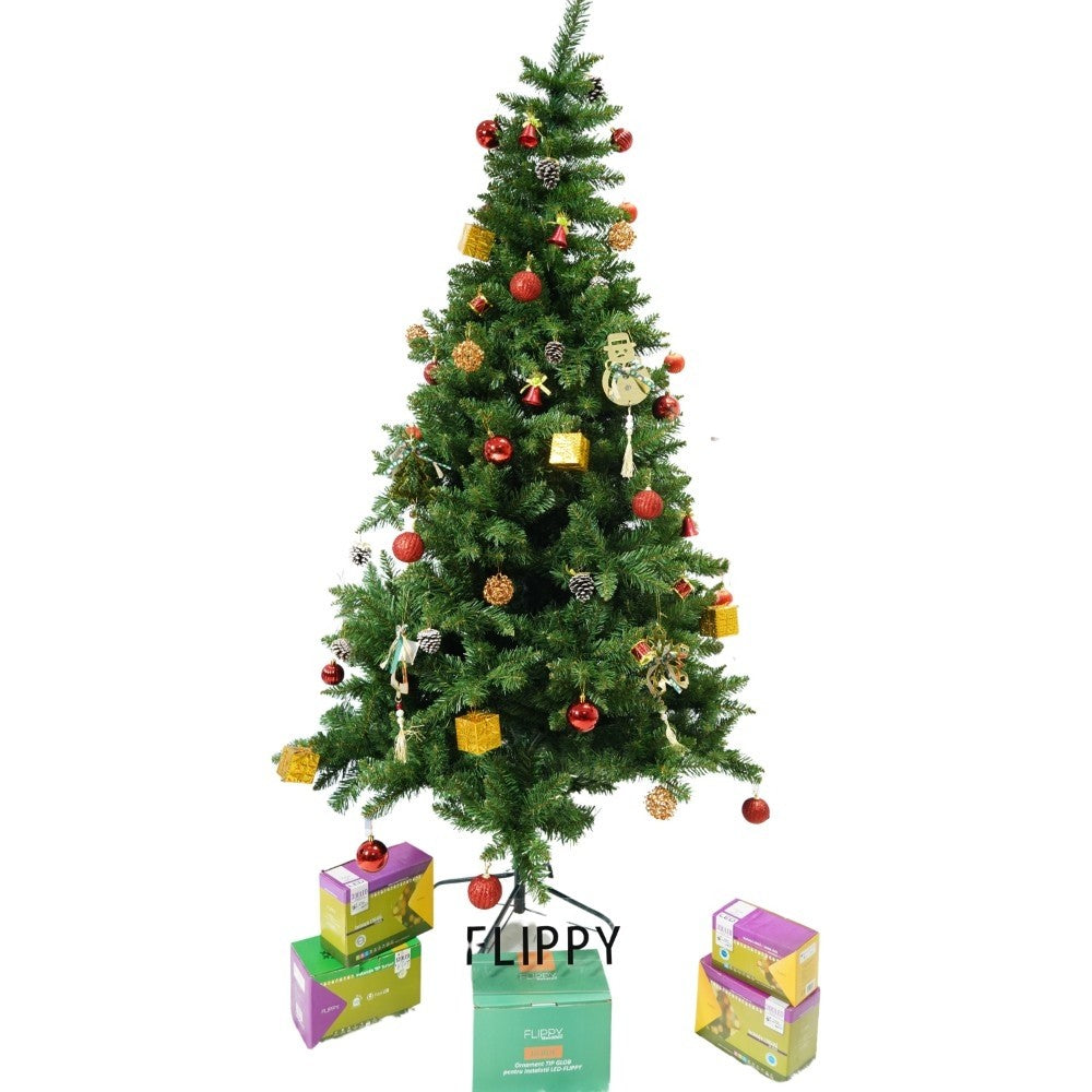 Set brad artificial de Craciun si elemente decorative, nins, decorat cu conuri pin, pentru interior/exterior, inaltime 210 cm, diametru 131 cm, 630 ramuri, Flippy, alb/verde, suport metalic inclus - vivimall.ro