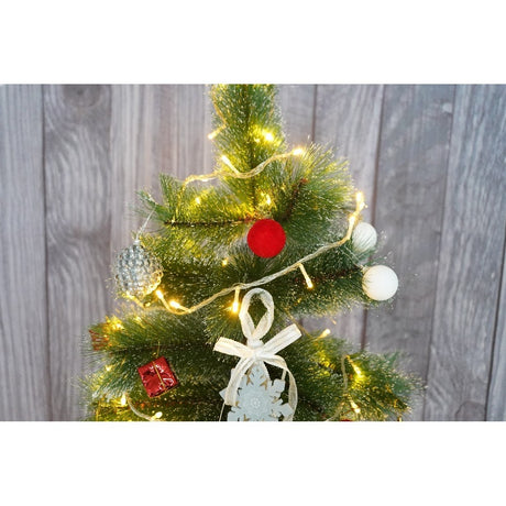 Set brad artificial de Craciun si elemente decorative tip pin inzapezit tip 2, inaltime 150 cm, diametru 85 cm, 160 ramuri cu ace 3D 12 cm, Vivimall, verde cu varfuri, ninse, suport metalic inclus