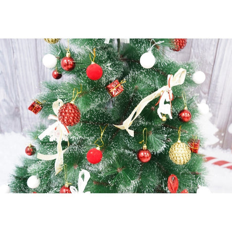 Set brad artificial de Craciun si elemente decorative tip pin inzapezit tip 3, inaltime 150 cm, diametru 85 cm, 160 ramuri cu ace 3D 12 cm, Vivimall, verde cu varfuri, ninse, suport metalic inclus