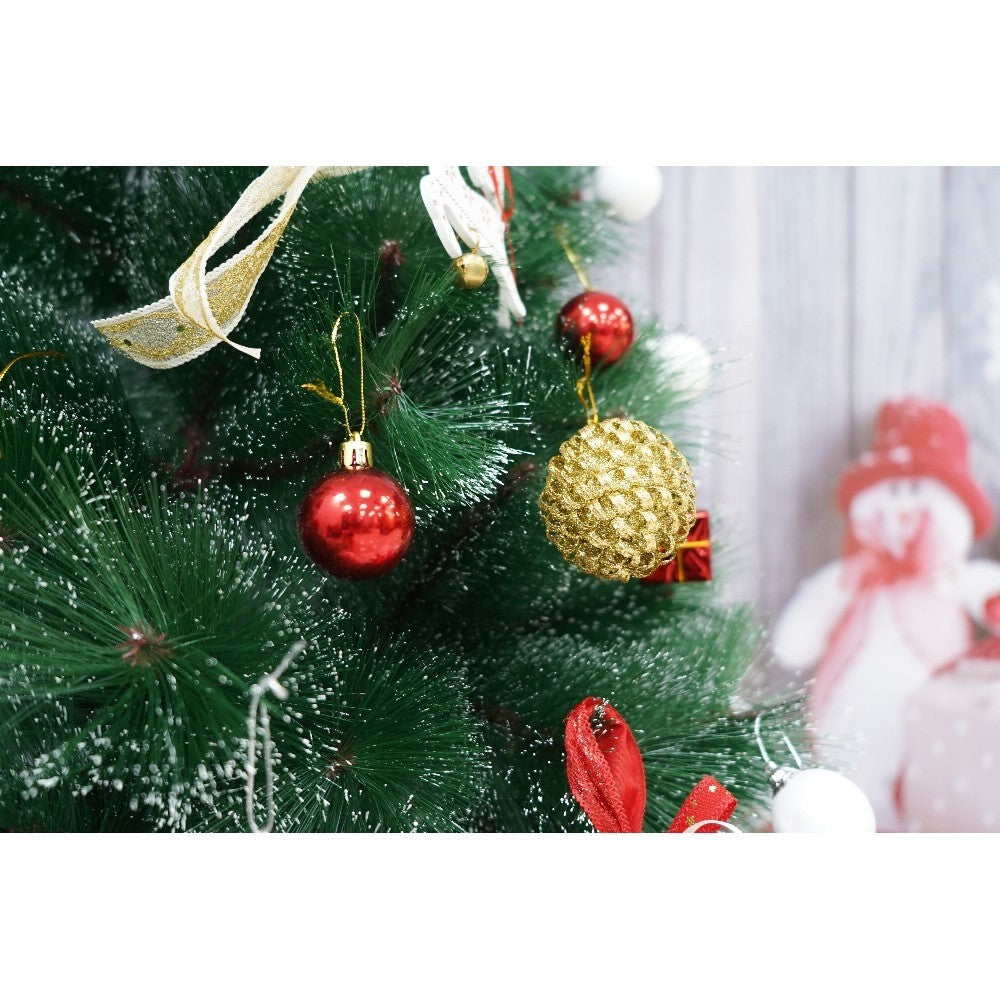 Set brad artificial de Craciun si elemente decorative tip pin inzapezit tip 3, inaltime 150 cm, diametru 85 cm, 160 ramuri cu ace 3D 12 cm, Vivimall, verde cu varfuri, ninse, suport metalic inclus
