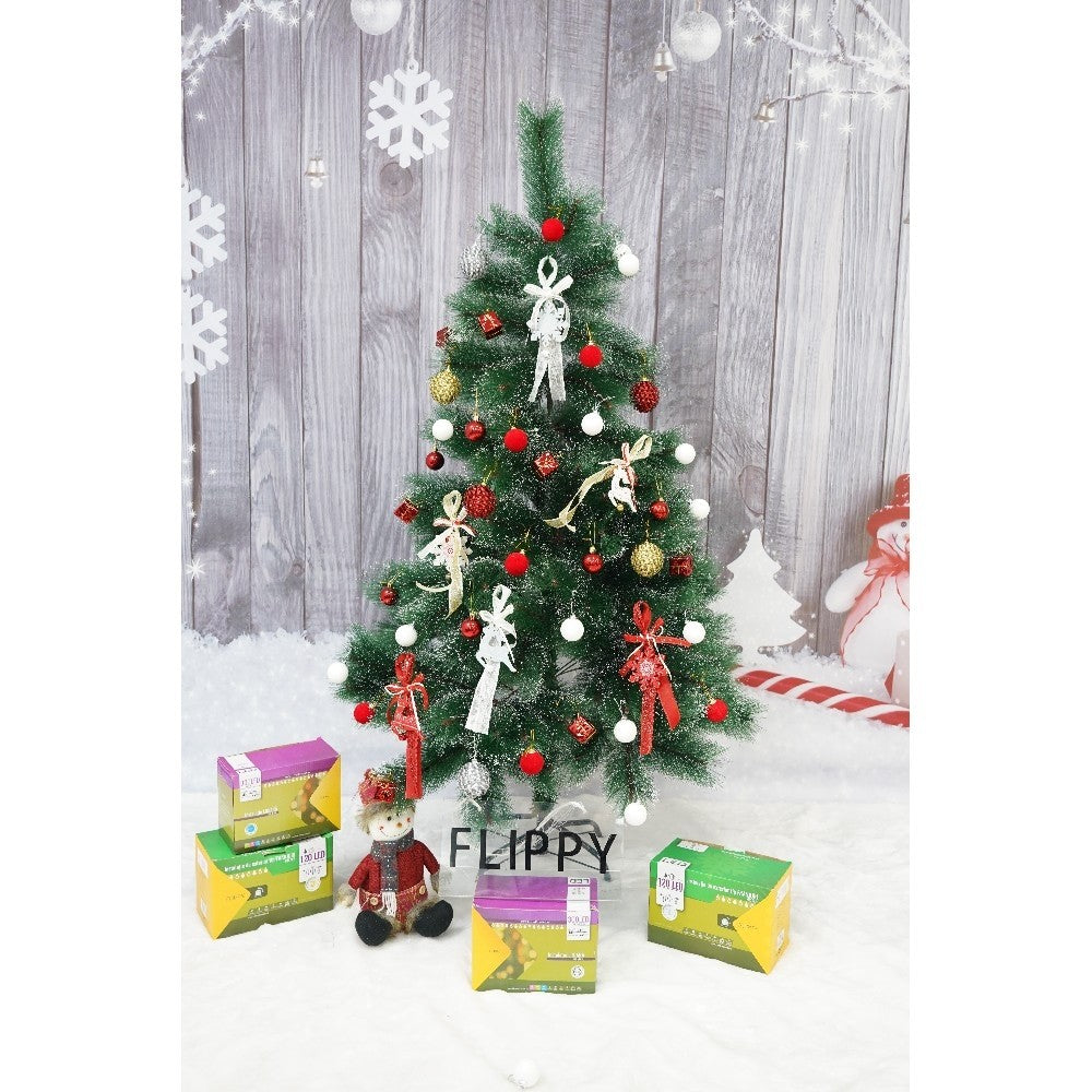 Set brad artificial de Craciun si elemente decorative tip pin inzapezit tip 3, inaltime 150 cm, diametru 85 cm, 160 ramuri cu ace 3D 12 cm, Vivimall, verde cu varfuri, ninse, suport metalic inclus