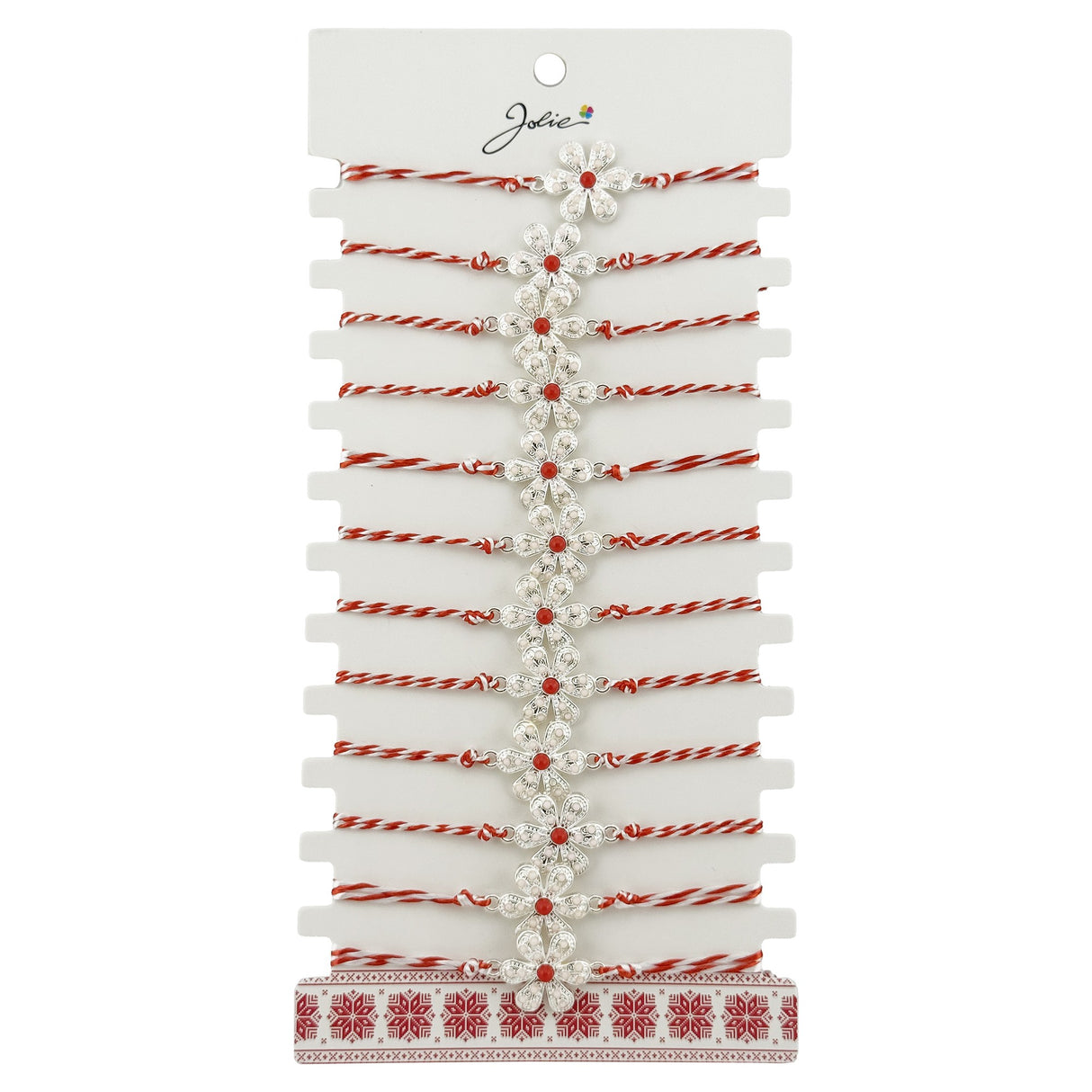 Bratara Martisor pentru Dama, Jolie, Model Floare Argintie, Set 12 bucati, Pandativ Argintiu din Inox cu Elemente Multicolore, Snur Alb/Rosu - vivimall.ro