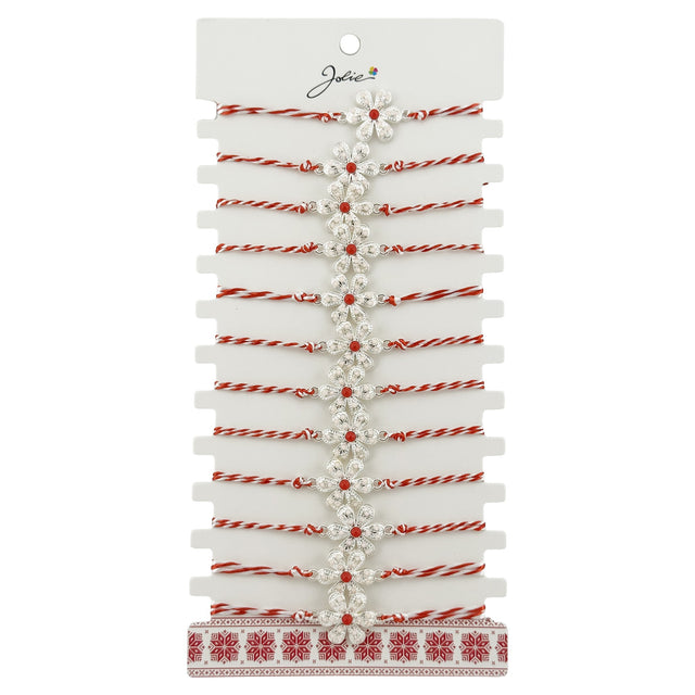 Bratara Martisor pentru Dama, Jolie, Model Floare Argintie, Set 12 bucati, Pandativ Argintiu din Inox cu Elemente Multicolore, Snur Alb/Rosu - vivimall.ro