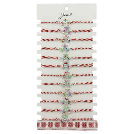 Set 12 brățări mărțișor Jolie model 3 Stele, snur alb-roșu cu pandantiv metalic multicolor, vedere de ansamblu