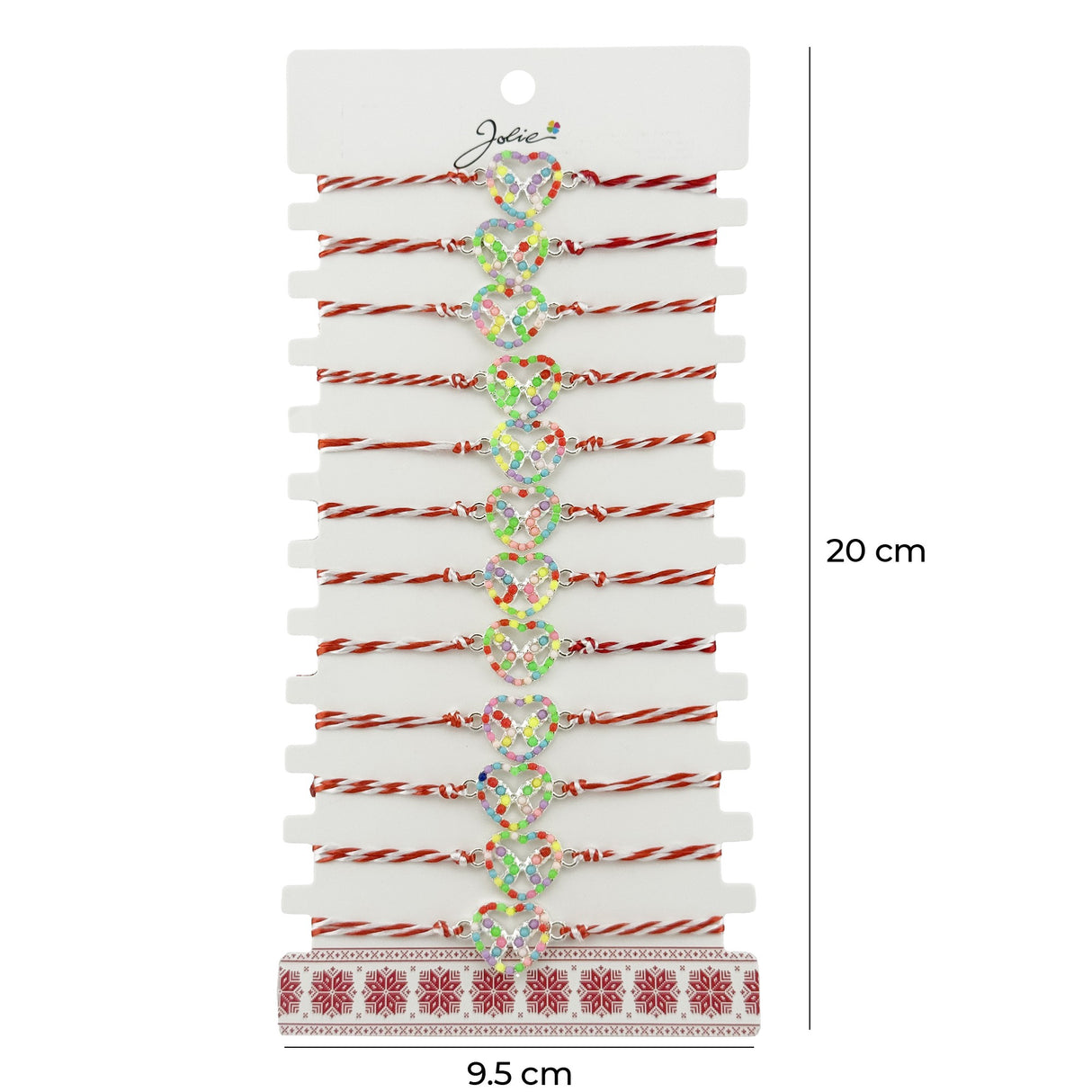 Bratara Martisor pentru Dama, Jolie, Model Fluturas in Inima, Set 12 bucati, Pandativ Argintiu din Inox cu Elemente Multicolore, Snur Alb/Rosu - vivimall.ro