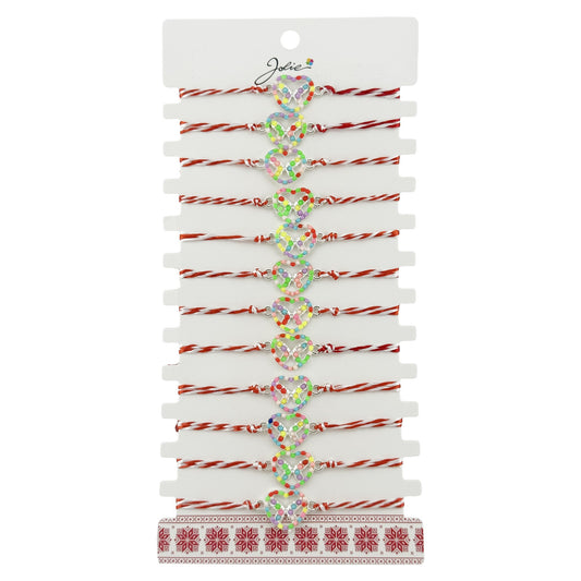 Bratara Martisor pentru Dama, Jolie, Model Fluturas in Inima, Set 12 bucati, Pandativ Argintiu din Inox cu Elemente Multicolore, Snur Alb/Rosu - vivimall.ro