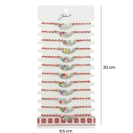 Bratara Martisor pentru Dama, Jolie, Model Inima LOVE, Set 12 bucati, Pandativ Argintiu din Inox cu Elemente Multicolore, Snur Alb/Rosu - vivimall.ro