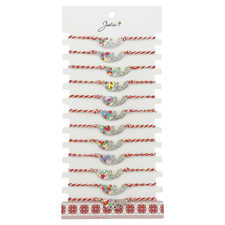 Bratara Martisor pentru Dama, Jolie, Model Inima LOVE, Set 12 bucati, Pandativ Argintiu din Inox cu Elemente Multicolore, Snur Alb/Rosu - vivimall.ro