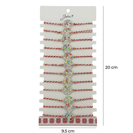 Bratara Martisor pentru Dama, Jolie, Model Copacel Colorat, Set 12 bucati, Pandativ Argintiu din Inox cu Elemente Multicolore, Snur Alb/Rosu - vivimall.ro