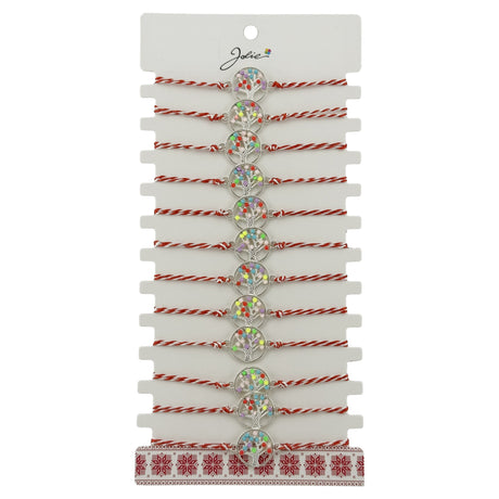 Bratara Martisor pentru Dama, Jolie, Model Copacel Colorat, Set 12 bucati, Pandativ Argintiu din Inox cu Elemente Multicolore, Snur Alb/Rosu - vivimall.ro
