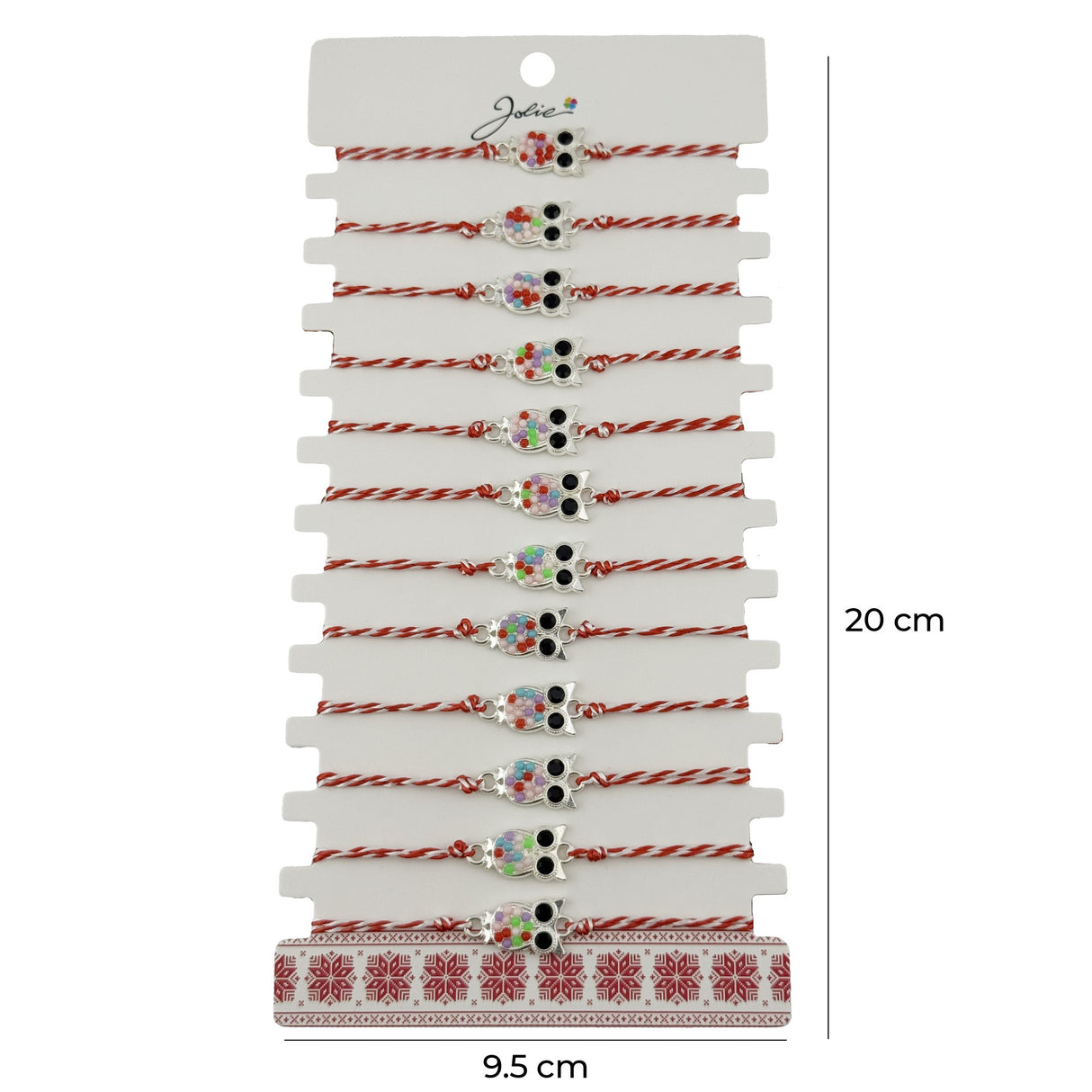 Bratara Martisor pentru Dama, Jolie, Model Bufnita, Set 12 bucati, Pandativ Argintiu din Inox cu Elemente Multicolore, Snur Alb/Rosu - vivimall.ro