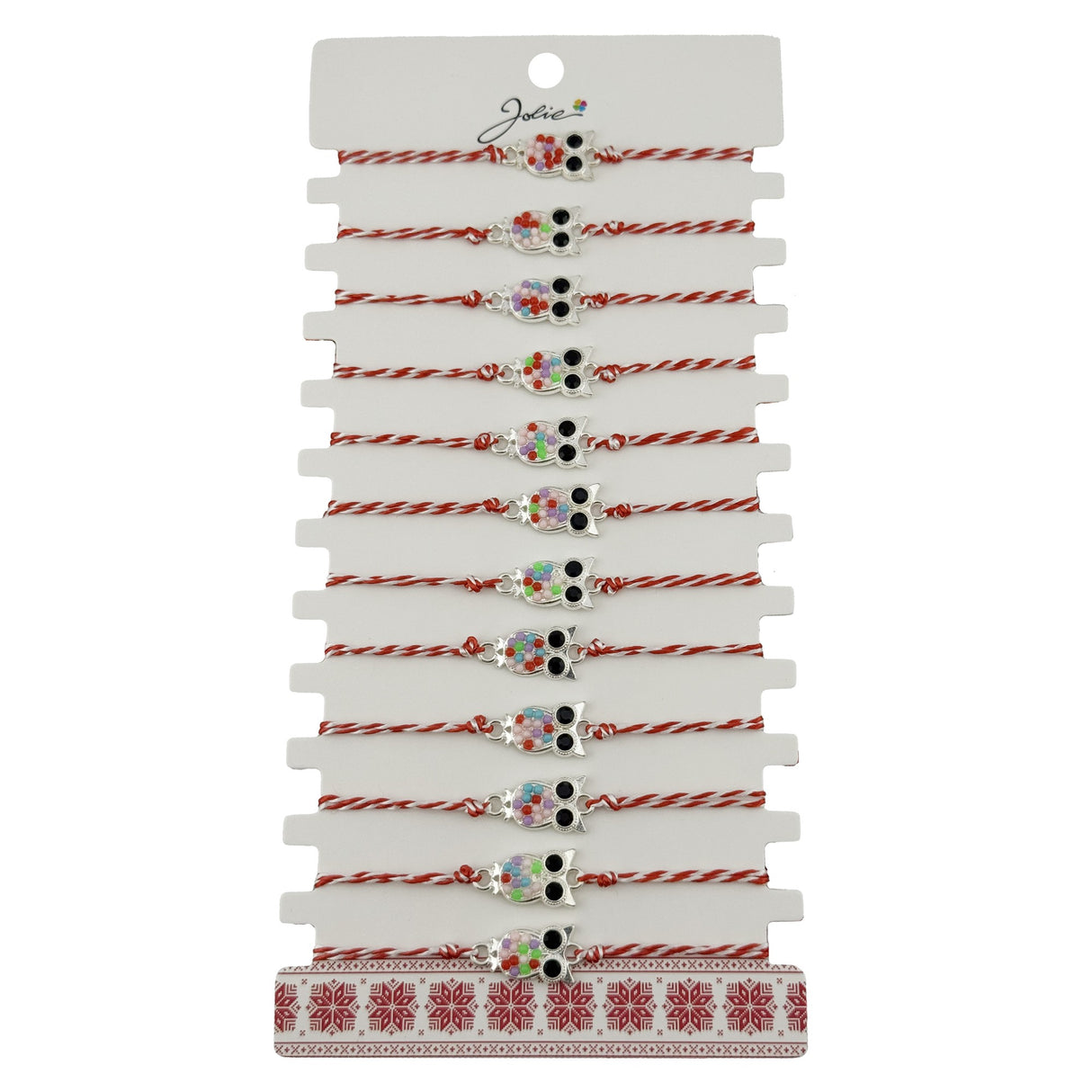 Bratara Martisor pentru Dama, Jolie, Model Bufnita, Set 12 bucati, Pandativ Argintiu din Inox cu Elemente Multicolore, Snur Alb/Rosu - vivimall.ro