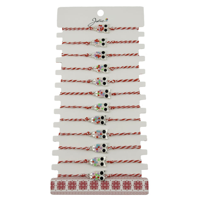 Bratara Martisor pentru Dama, Jolie, Model Bufnita, Set 12 bucati, Pandativ Argintiu din Inox cu Elemente Multicolore, Snur Alb/Rosu - vivimall.ro