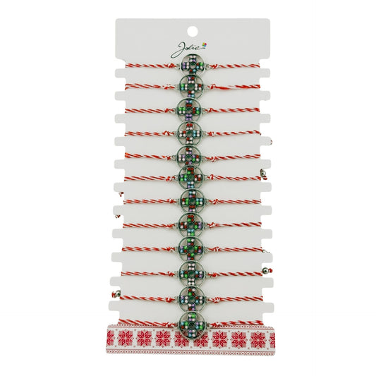 Bratara Martisor pentru Dama, Jolie, Model Floare, Set 12 bucati, Pandativ Argintiu din Inox cu Snur Alb-Rosu Ajustabil - vivimall.ro