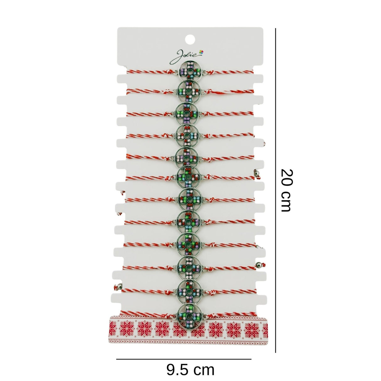 Bratara Martisor pentru Dama, Jolie, Model Floare, Set 12 bucati, Pandativ Argintiu din Inox cu Snur Alb-Rosu Ajustabil - vivimall.ro
