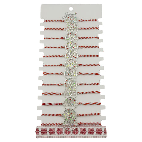 Set 12 brățări mărțișor damă Jolie, model Copac Multicolor, snur roșu-alb, pandantiv argintiu inox, vedere de ansamblu