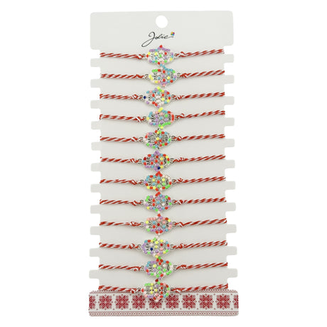 Set 12 brățări mărțișor damă Jolie, pandantiv argintiu model Floare, snur alb-roșu, vedere de ansamblu