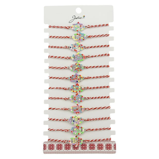 Set 12 brățări mărțișor damă Jolie, pandantiv argintiu model Floare, snur alb-roșu, vedere de ansamblu