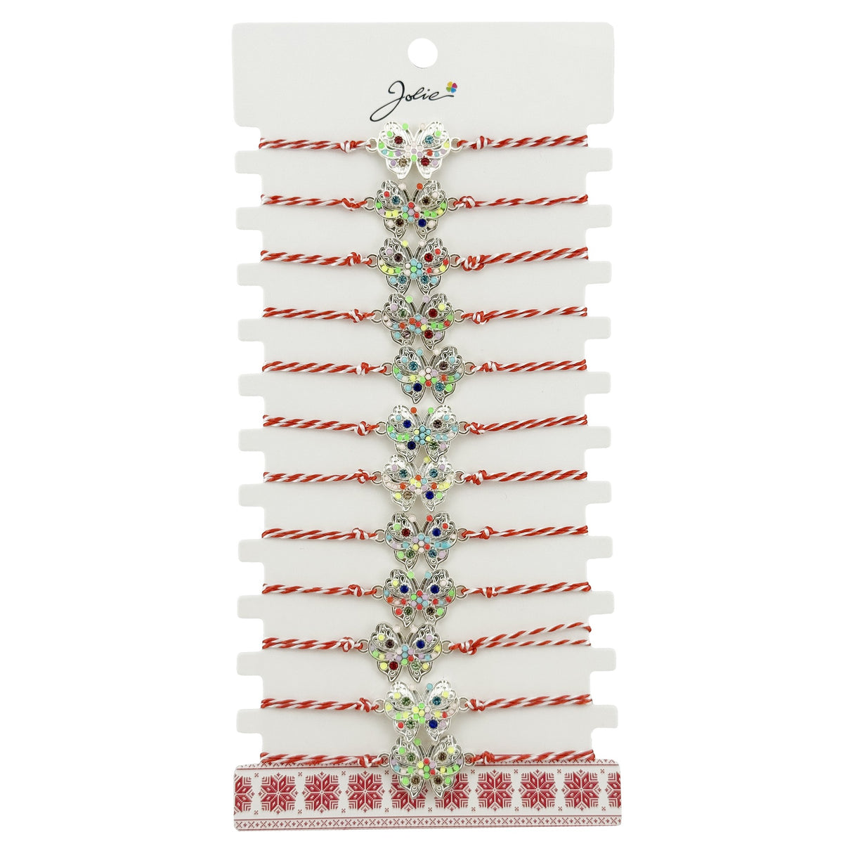 Set 12 brățări mărțișor Jolie model Fluture Multicolor, snur roșu-alb, vedere frontală pe suport prezentare