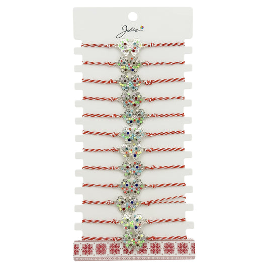 Set 12 brățări mărțișor Jolie model Fluture Multicolor, snur roșu-alb, vedere frontală pe suport prezentare