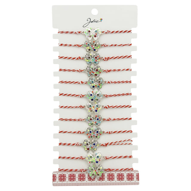 Set 12 brățări mărțișor Jolie model Fluture Multicolor, snur roșu-alb, vedere frontală pe suport prezentare